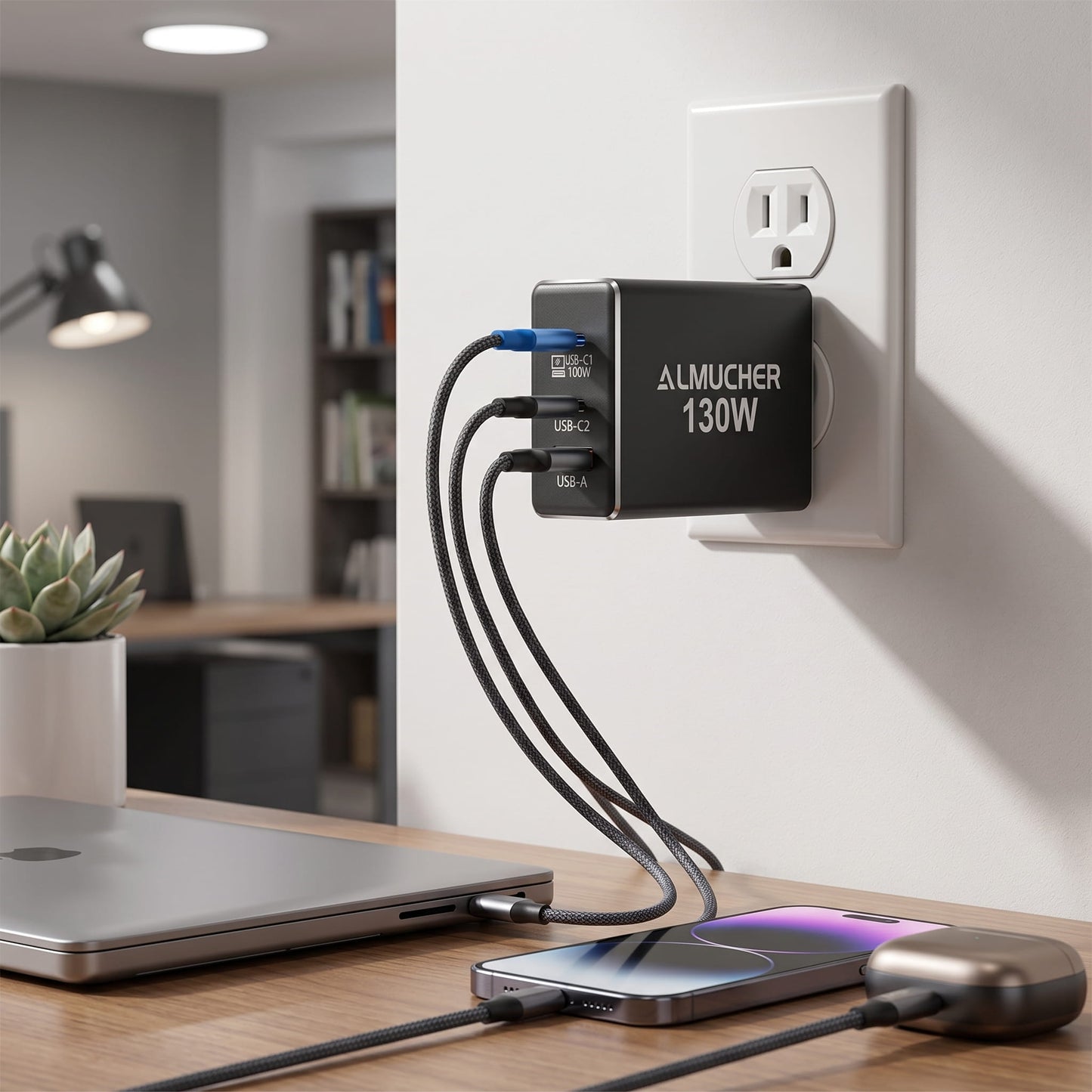 130W GaN Fast Wall Charger – 3-Port Compact USB-C Power Adapter (Foldable Plug)