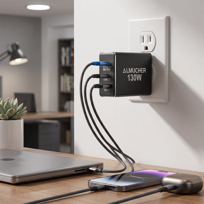 130W GaN Fast Wall Charger – 3-Port Compact USB-C Power Adapter (Foldable Plug)