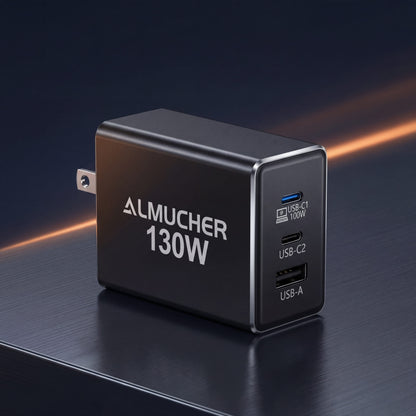 130W GaN Fast Wall Charger – 3-Port Compact USB-C Power Adapter (Foldable Plug)